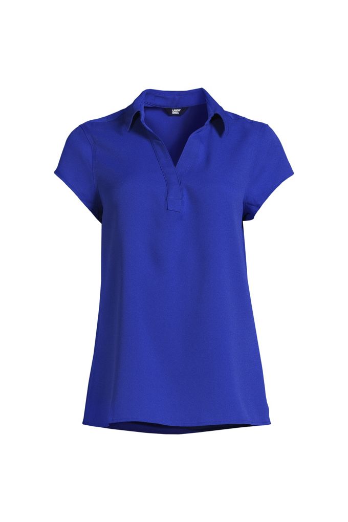 Lands' End Women's Plus Size Short Sleeve Split Neck Crepe Blouse In Blue