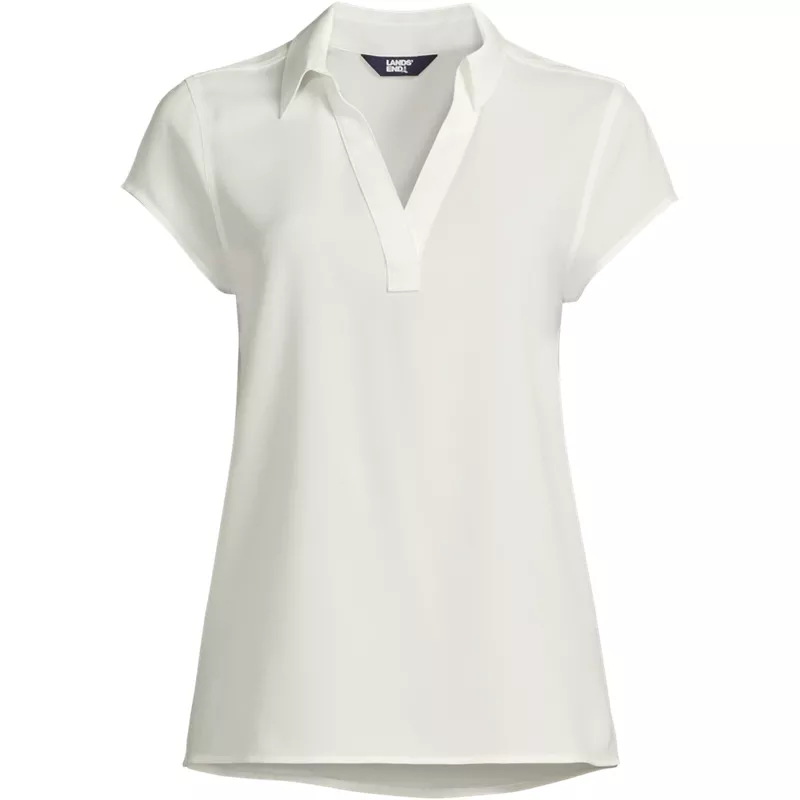 Women's Short Sleeve Split Neck Crepe Blouse, Front