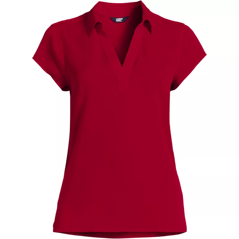 Women's Short Sleeve Split Neck Crepe Blouse, Front