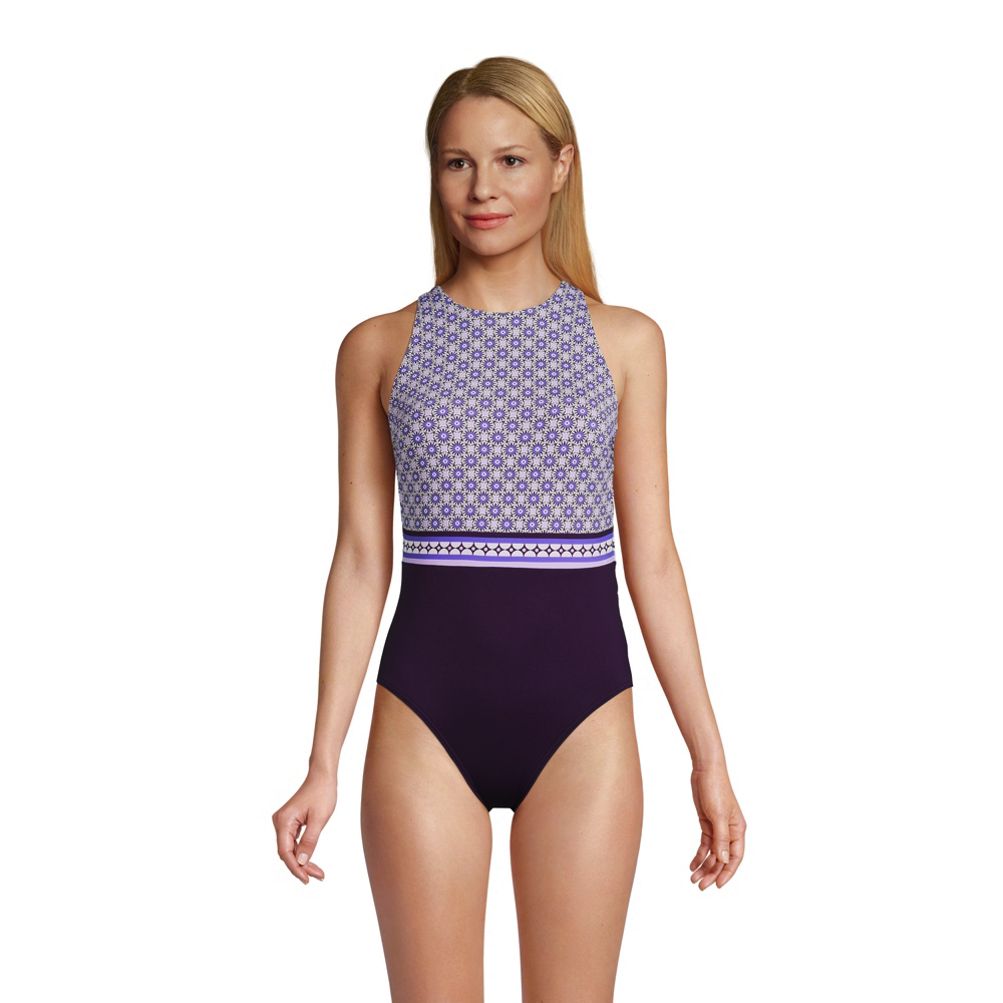 Lands' End Chlorine Resistant High Neck High Leg Portrait Back Swimsuit in  Blue