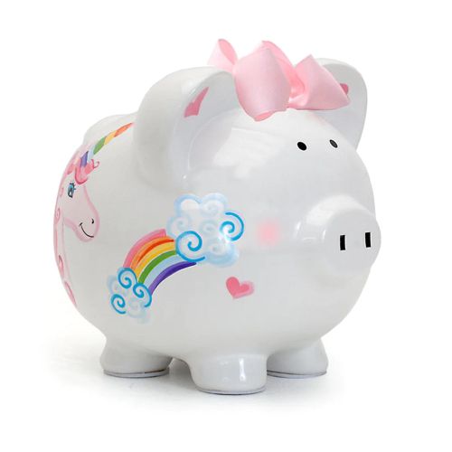 Dot piggy bank in earthenware with pink accents.