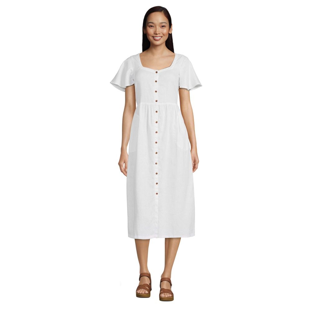 Women's Petite Linen Sweetheart Button Front Midi Dress