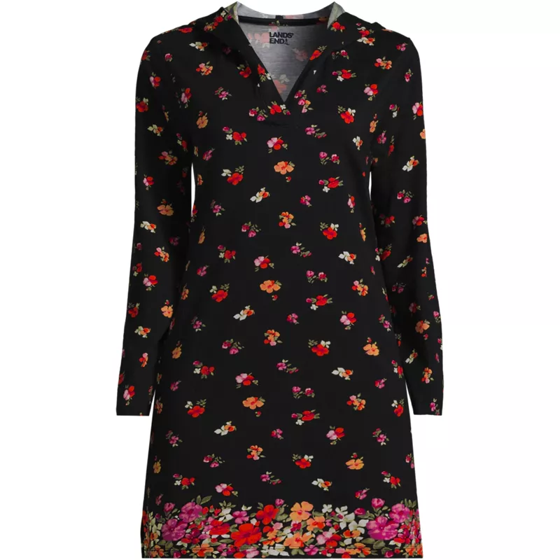 Women's Cotton Jersey Long Sleeve Hooded Swim Cover-up Dress, Front