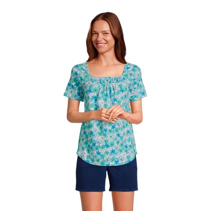 Women's Short Sleeve Light Weight Smocked Square Neck Top - primary