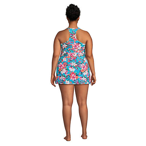 Women's Plus Size Reversible Chlorine Resistant V-neck Racerback Dresskini Swimsuit Top - Secondary