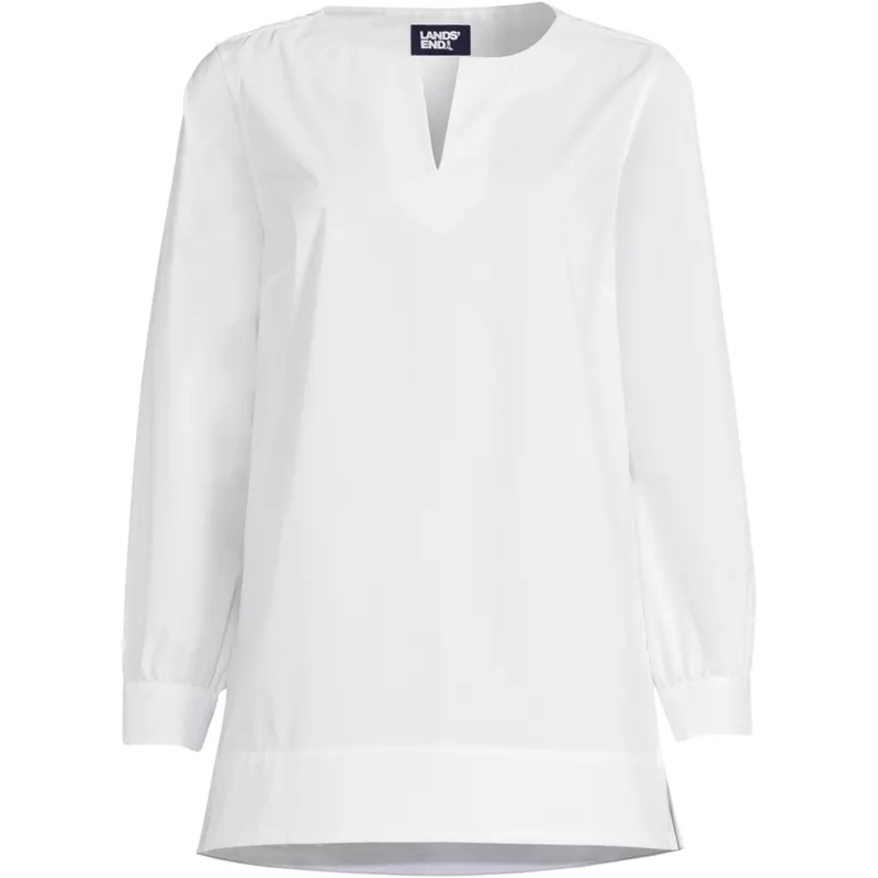 Women's Stretch Broadcloth Long Sleeve Split Neck Tunic, Front