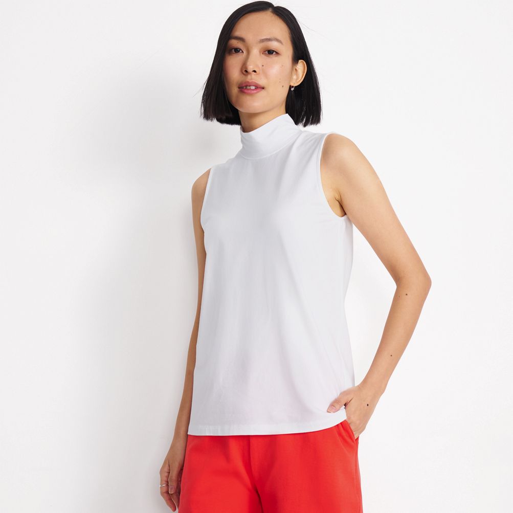 Brushed Jacquard Sleeveless Mock-Neck T-Shirt