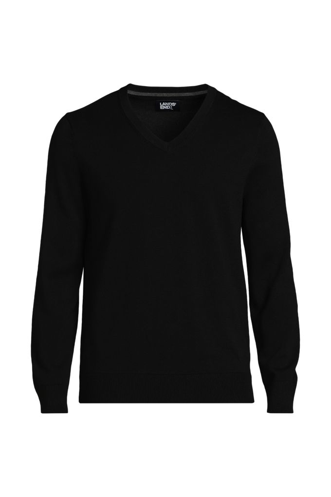 Men's Fine Gauge Cotton V-neck Sweater - Lands' End - Black - S