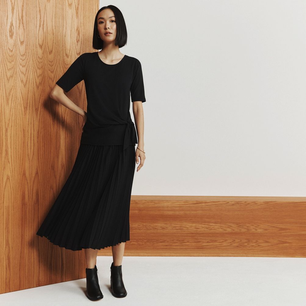 Women's Poly Crepe Pleated Midi Skirt | Lands' End