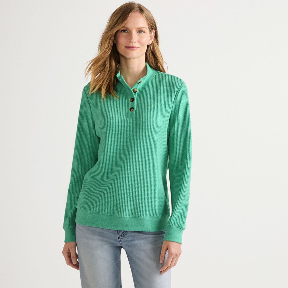 Women's Waffle Knit Button Placket Top | Lands' End