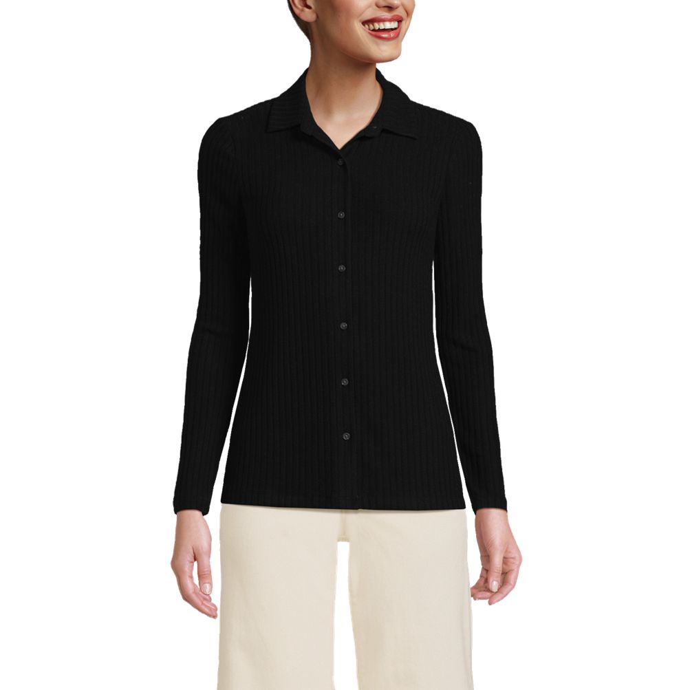 Women's Long Sleeve Wide Rib Button Front Polo | Lands' End