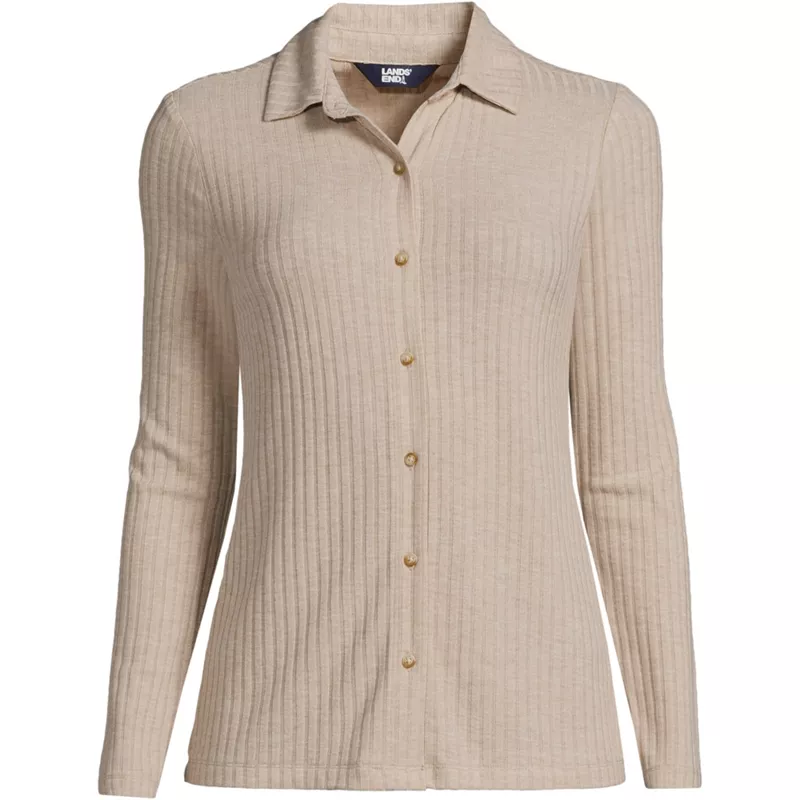 Women's Long Sleeve Wide Rib Button Front Polo, Front