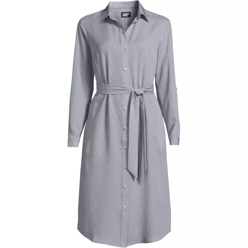 Women's Long Sleeve Twill Below The Knee Belted Print Shirt Dress, Front