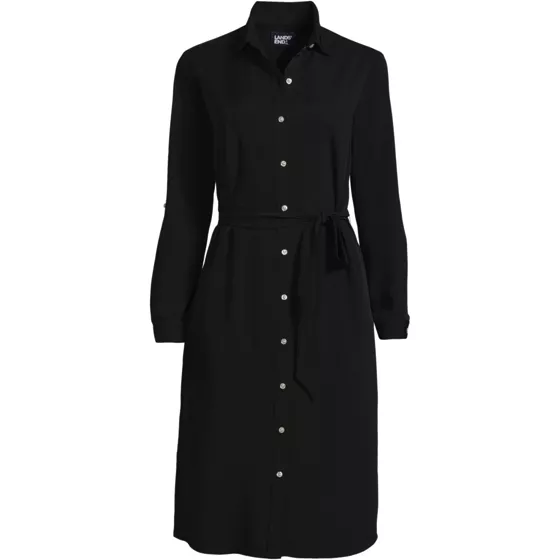 Women's Long Sleeve Twill Below Knee Belted Shirt Dress - primary