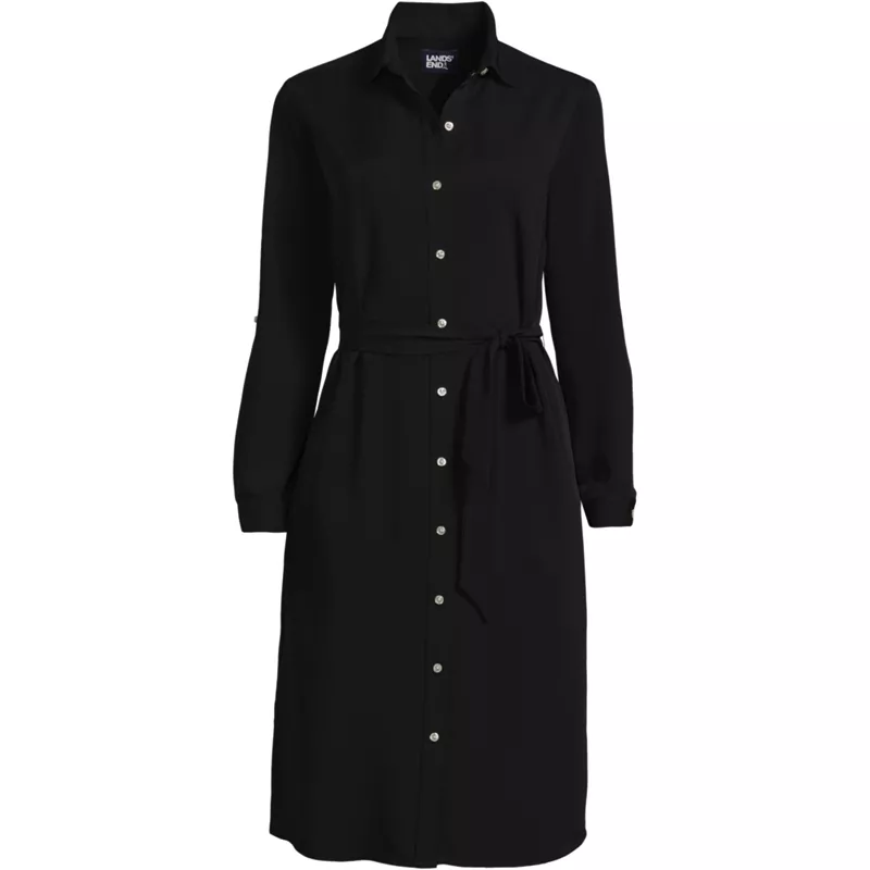 Women's Long Sleeve Twill Below Knee Belted Shirt Dress, Front