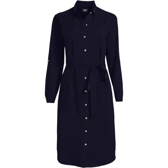 Women's Long Sleeve Twill Below Knee Belted Shirt Dress - primary