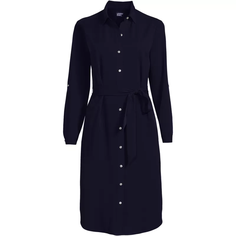 Women's Long Sleeve Twill Below Knee Belted Shirt Dress, Front