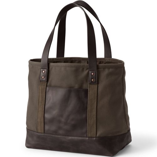 Lands' End, Bags, Lands End Medium Ziptop Metallic Cognac Faux Leather  Natural Canvas Tote