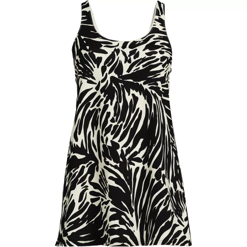 Women's Long Torso Scoop Neck Mini Swim Dress Swimsuit, Front