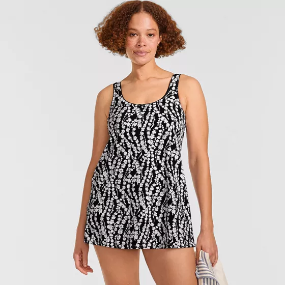 Women's Long Torso Scoop Neck Mini Swim Dress Swimsuit - primary