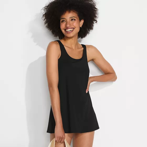 Women's Long Torso Scoop Neck Mini Swim Dress Swimsuit - primary