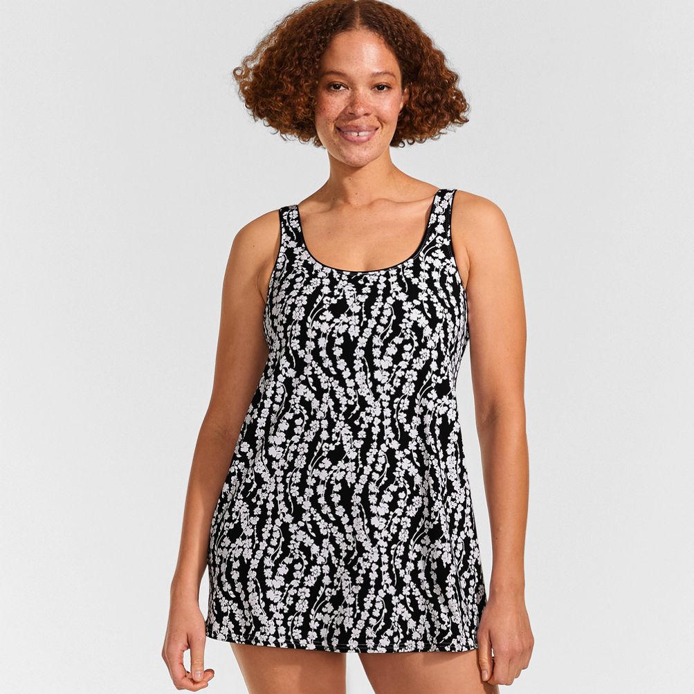 Lands' End Women's Scoop Neck Mini Swim Dress Swimsuit - Small - Black/white Vine Floral