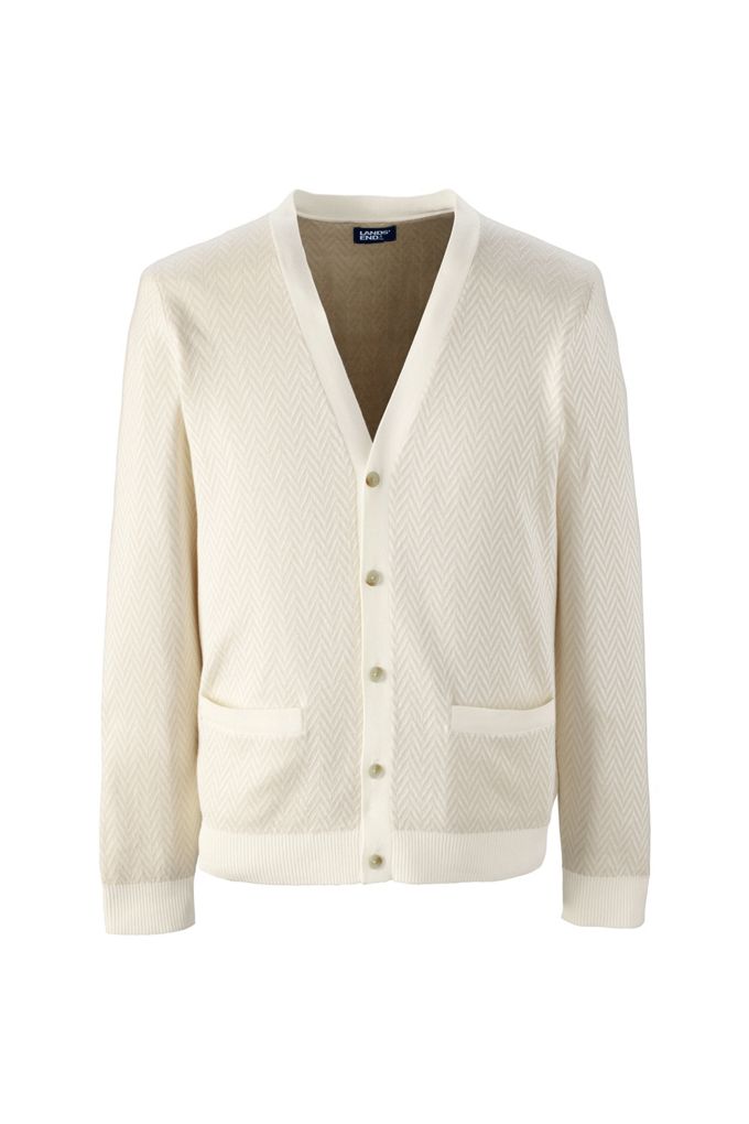 Unisex Big Herringbone Long Sleeve Button Front Cardigan Sweater - Lands' End - Ivory - 5XL