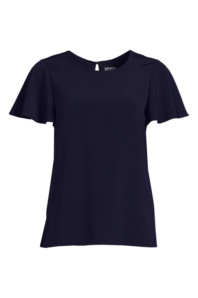 Lands' End Women's Crinkle Crepe Flutter Sleeve Blouse In Blue