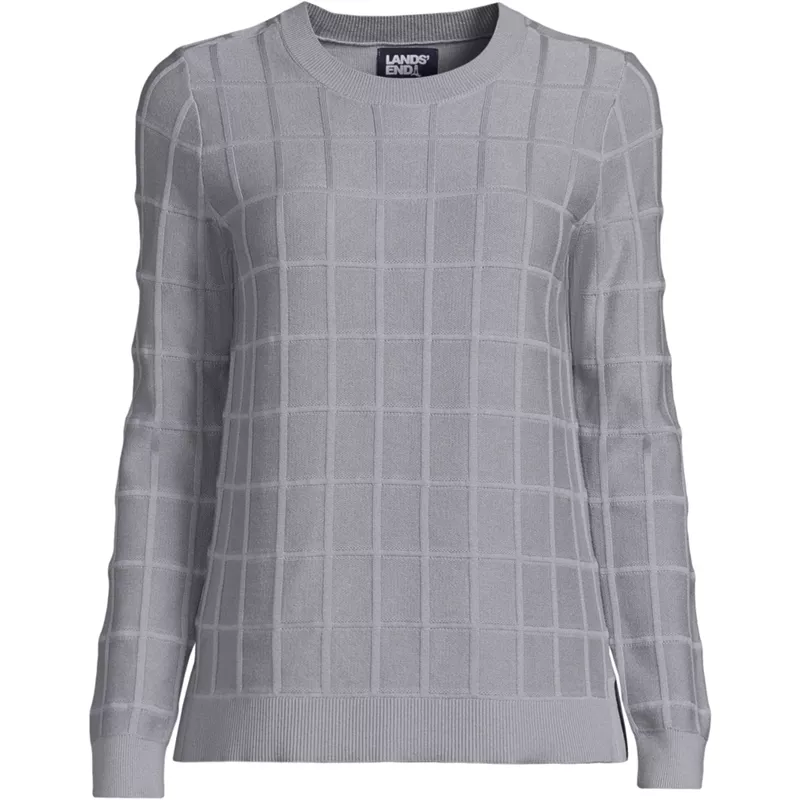Women's Petite Windowpane Textured Pullover Crew Sweater, Front