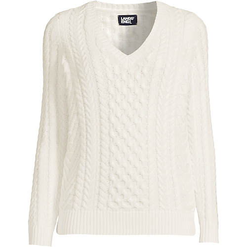 Women's Cotton Blend Cable V-Neck Sweater - Secondary
