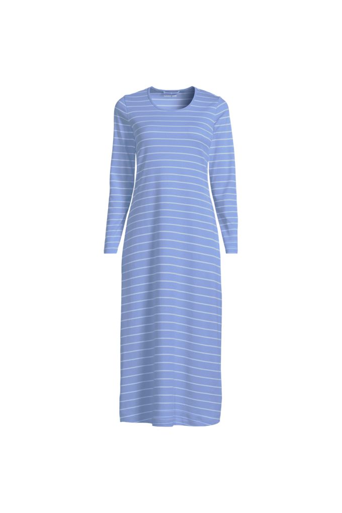 Lands' End Women's Plus Size Cotton Long Sleeve Midcalf Nightgown In Blue