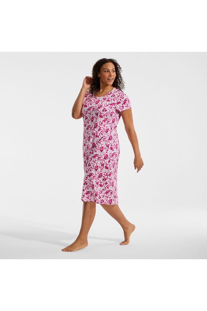 Lands' End Women's Plus Size Cotton Short Sleeve Midcalf Nightgown In Pink
