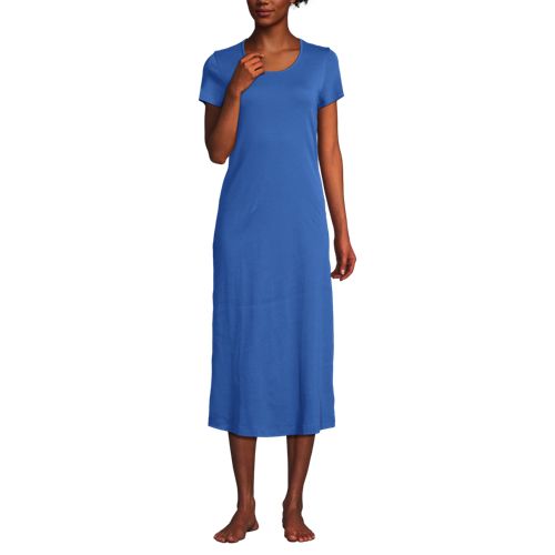  Lands' End Wadenlanges Kurzarm-nachthemd Aus Reiner Baumwolle, Damen, Größe:32-34 Petite, Blau, Baumwolle, By Lands' End 