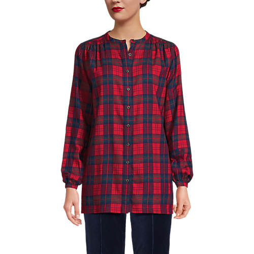 Women's Flannel Smocked Shoulder Tunic Top - Secondary