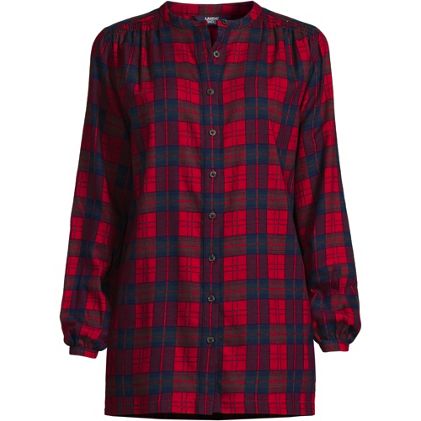 Women's Flannel Smocked Shoulder Tunic Top - primary