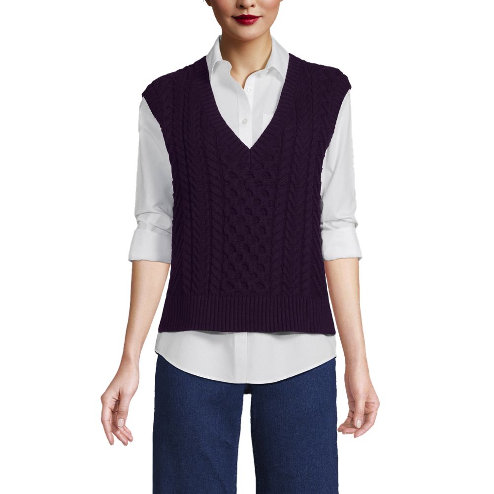 Women's Cotton Blend Cable Vest Sweater - Lands' End - Purple - M