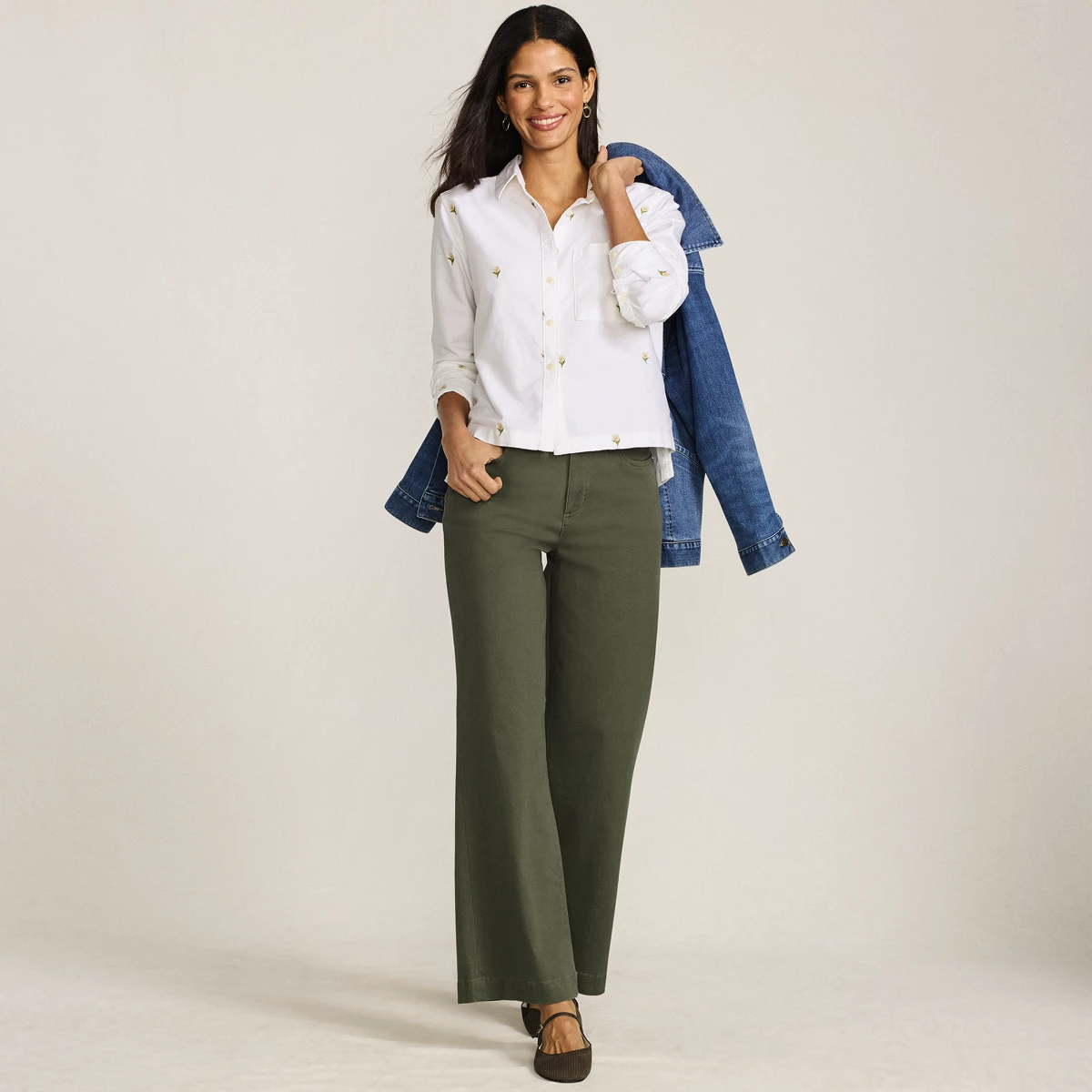 Women's Tall High Rise 5 Pocket Wide Leg Chino Pants — Forest Moss by Lands' End