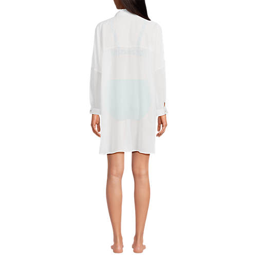 Women's Sheer Oversized Button Front Swim Cover-up Shirt - Secondary