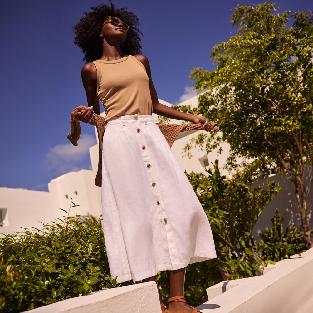 Women's Button Front Linen Midi Skirt