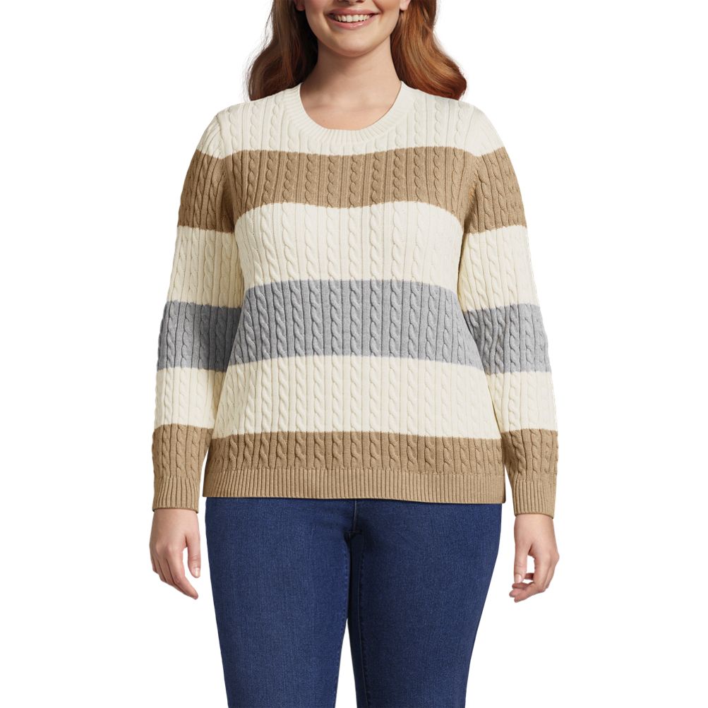 売れ筋商品|||ランズエンド ニット&セーター アウター レディース Women's Plus Size Drifter Cable Quarter Zip Sweater Fresh ivory/navy clover stripe Women's Drifter Cable Quarter Zip Sweater | Lands' End
