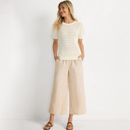 Women's Petite High Rise Drawstring Linen Wide Leg Crop Pants - primary