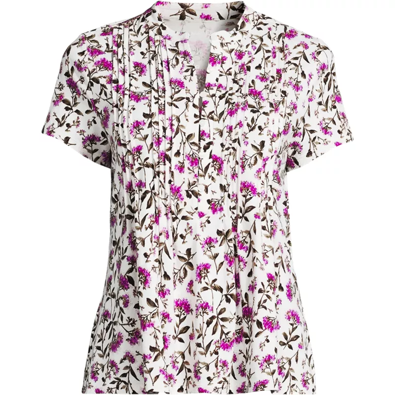 Women's Petite Lightweight Jersey Button Pintuck Top, Front