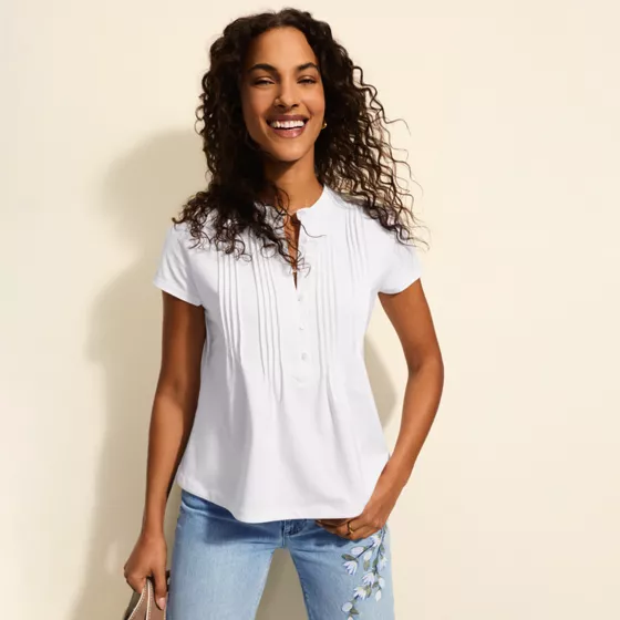 Women's Lightweight Jersey Button Pintuck Top - primary