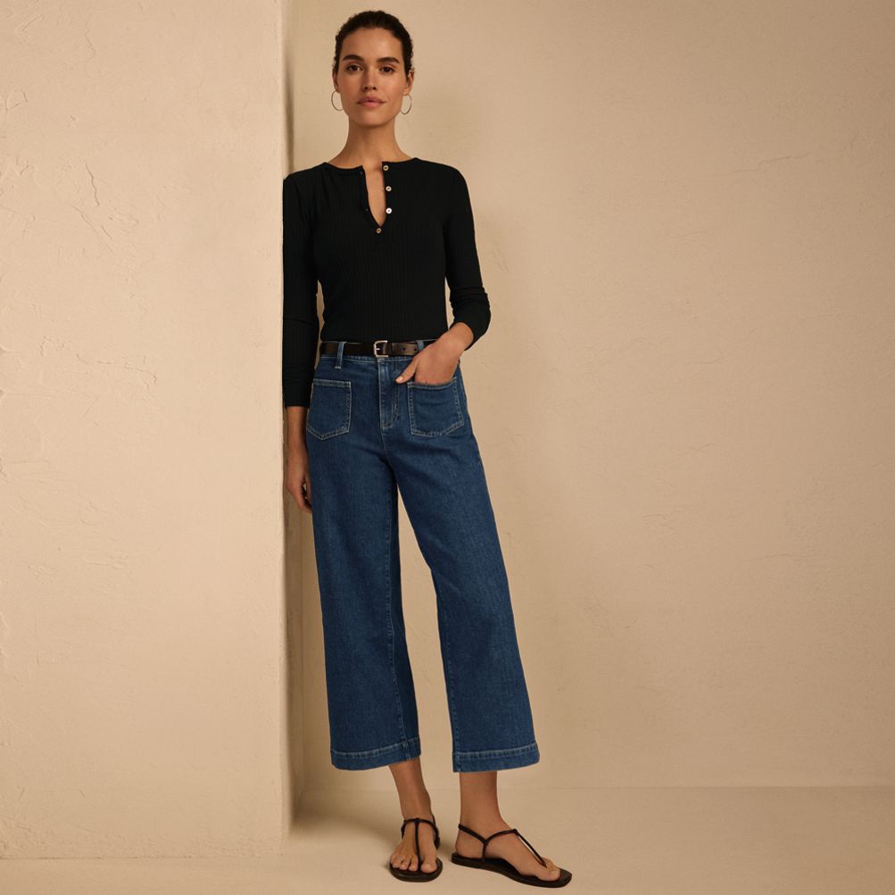 Women's Soft Denim High Rise Wide Leg Patch Pocket Crop