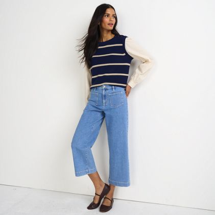Women's Petite Soft Denim High Rise Wide Leg Patch Pocket Crop Jeans - primary