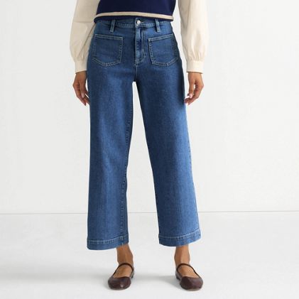 Women's Petite Soft Denim High Rise Wide Leg Patch Pocket Crop Jeans - image 2