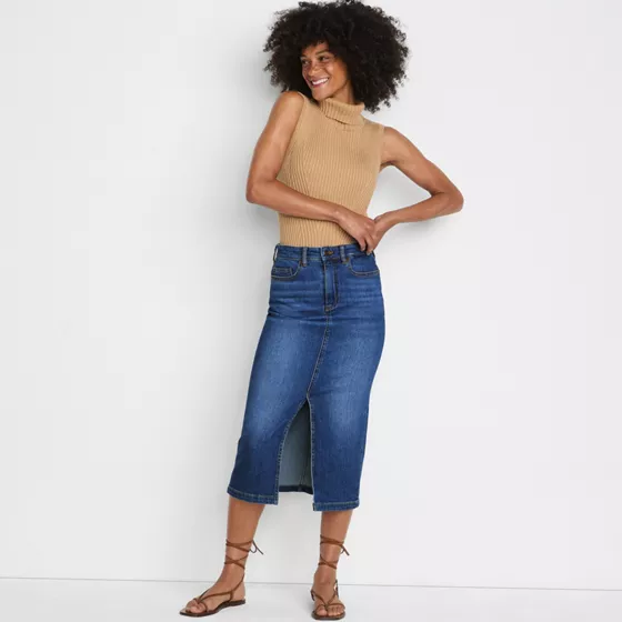 Women's Soft Denim Midi Column Skirt - primary
