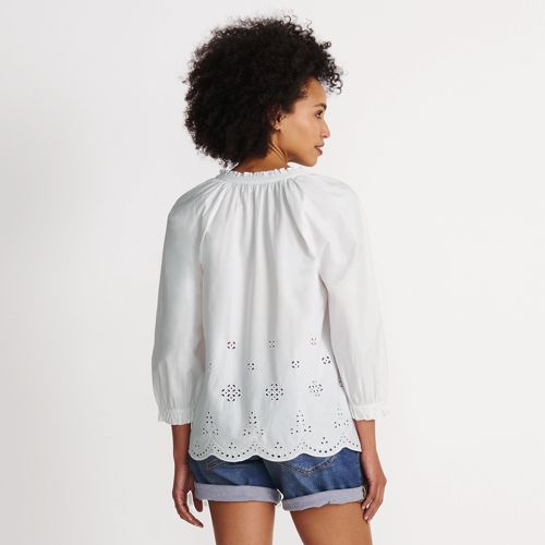  Lands' End Bluse Mit Lochmuster Und Geschlitztem Ausschnitt, Damen, Größe:40-42 Regular, Weiß, Baumwolle, By Lands' End 