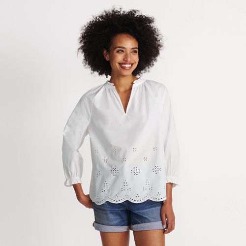  Lands' End Bluse Mit Lochmuster Und Geschlitztem Ausschnitt, Damen, Größe:40-42 Regular, Weiß, Baumwolle, By Lands' End 