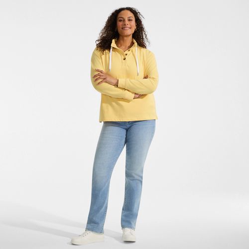 Serious Sweats Button Neck Sweatshirt, Women, size: 1X, plus, Yellow, Cotton-blend/Poly-blend, by Lands' End